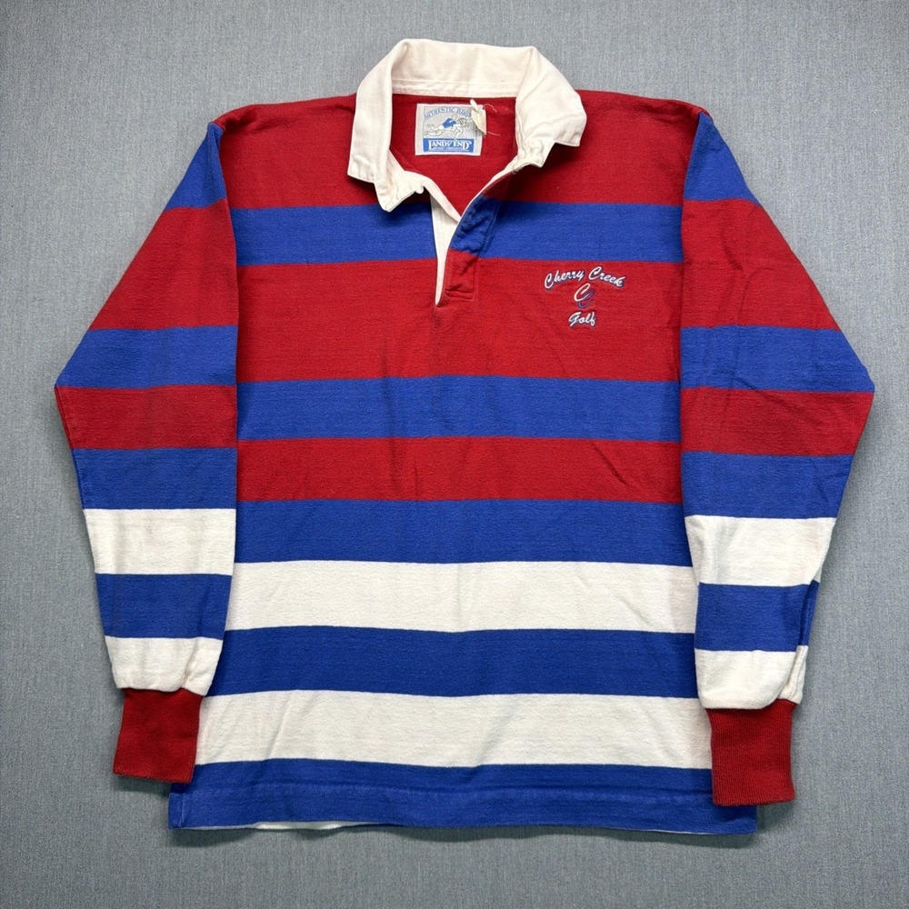 VTG Lands End Rugby Shirt Mens Medium Heavy Cotton Long Sleeve Made in USA 90s